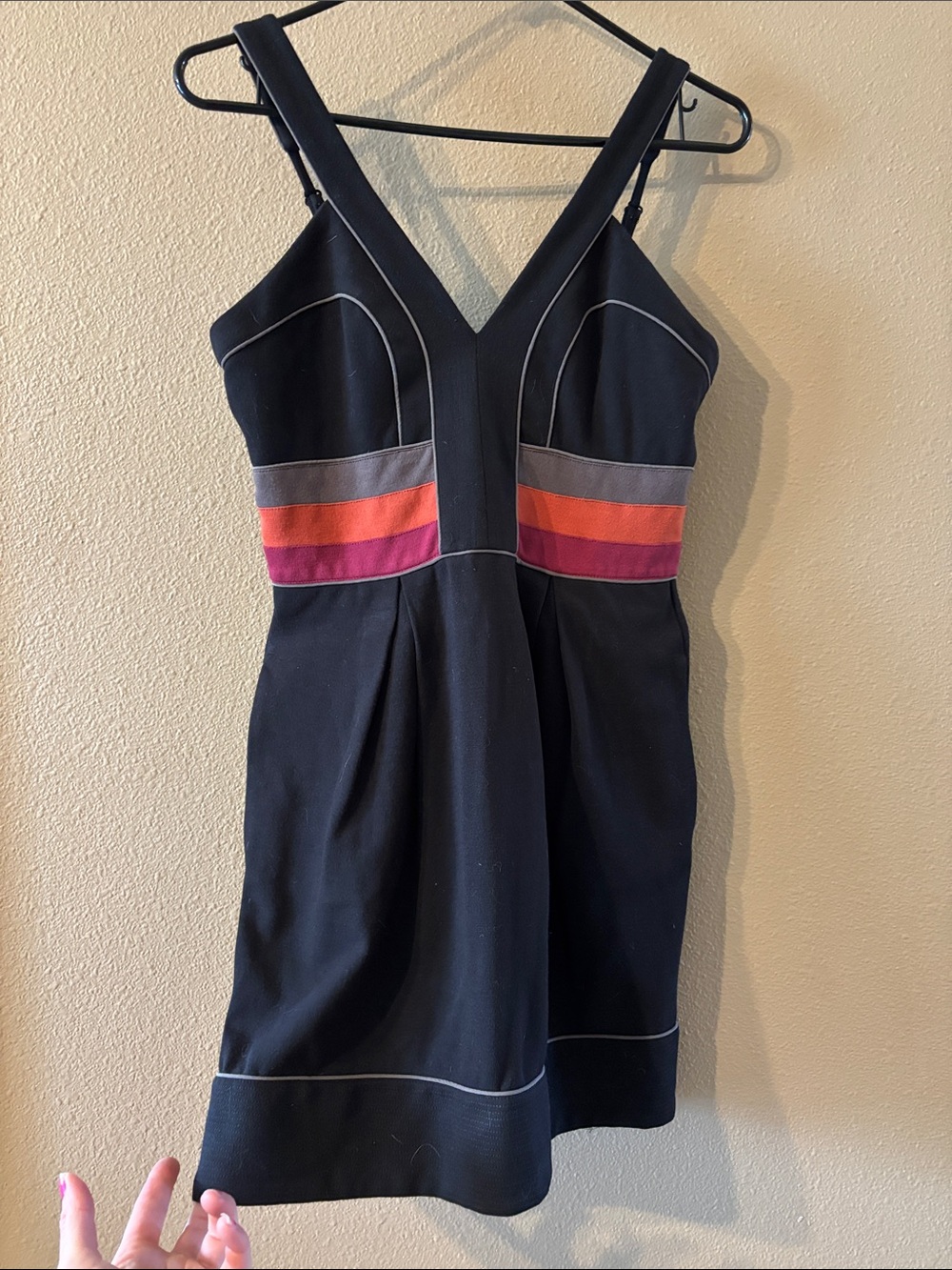 BCBGMaxAzria Black Mini Dress with Pink and Orange Waist Stripes